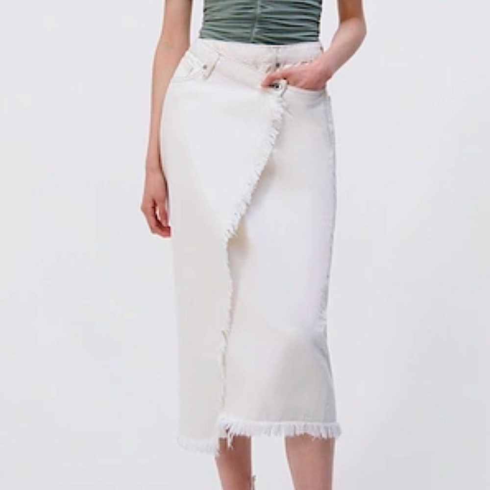 JONATHAN SIMKHAI STANDARD PIPER  Denim Midi Skirt in Ecru Size 27   *NWT*